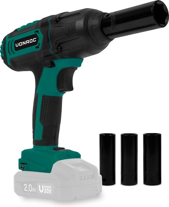 VONROC Accu slagmoersleutel 20V – 4 standen: 100/200/300/400Nm - Incl. 4 moerdoppen – geschikt voor het verwisselen van wielbouten en -moeren - Zonder accu & lader
