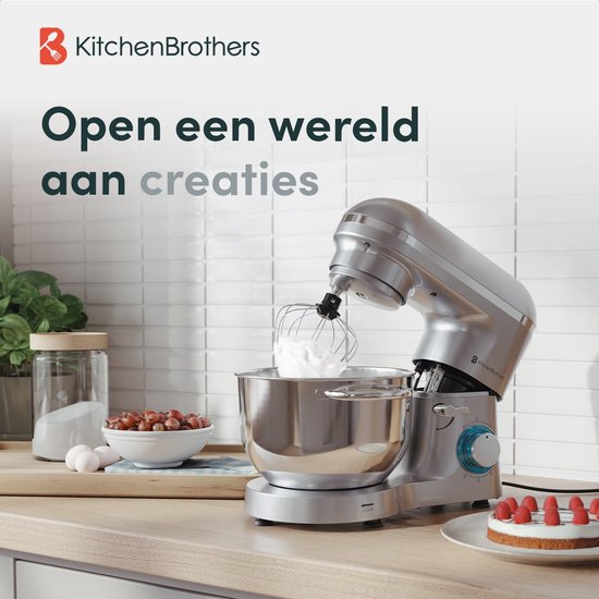 KitchenBrothers Keukenmachine - Keukenrobot - 6,2L - Mixer met Mengkom - Keukenmixer - 2000W - Zilver