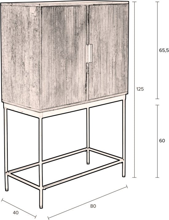 Dutchbone - Saroo - Opbergkast met Grafisch Patroon en 2 Deuren - 80 x 40 x 125,5 cm - Mangohout & Metaal - Bruin/Zwart