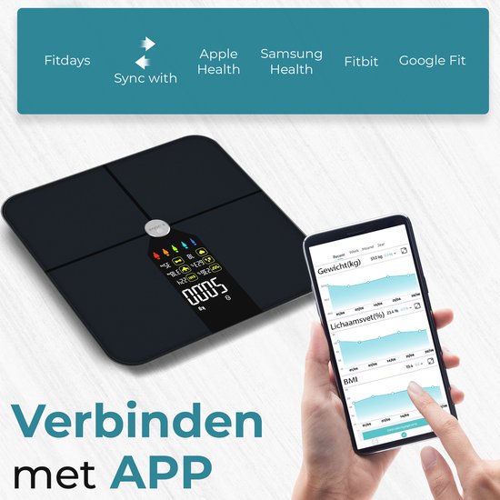 e.volve Weegschaal Personenweegschaal Digitaal - 16x - Zwart - Slimme Weegschaal met Lichaamsanalyse - Precisie Weegschaal - Incl. App
