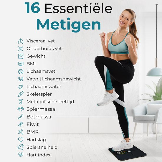 e.volve Weegschaal Personenweegschaal Digitaal - 16x - Zwart - Slimme Weegschaal met Lichaamsanalyse - Precisie Weegschaal - Incl. App