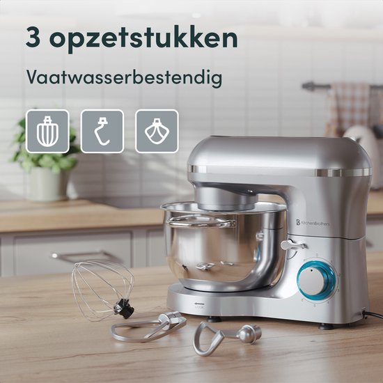 KitchenBrothers Keukenmachine - Keukenrobot - 6,2L - Mixer met Mengkom - Keukenmixer - 2000W - Zilver