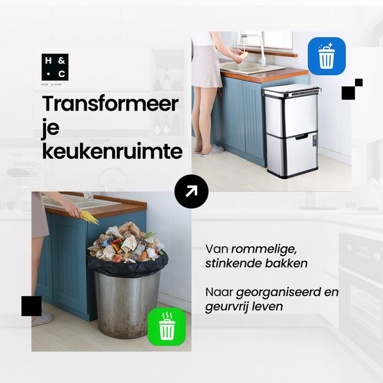 Hom&Com Prullenbak 3 Vakken 60L Grijs – Automatische Afvalbak met Sensor – Soft-Close Deksel, Ozonfunctie & Geurfilter voor Afvalscheiding