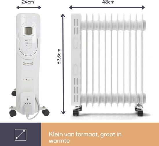 Perel 2500W olieradiator met 11 ribben, 3 warmtestanden, LCD-display, timer, instelbare thermostaat, handvat, wielen en kabelhouder, oververhittings- en kantelbeveiliging - mobiele, stille en energiezuinige bijverwarming voor grote kamers tot 30 m², wit
