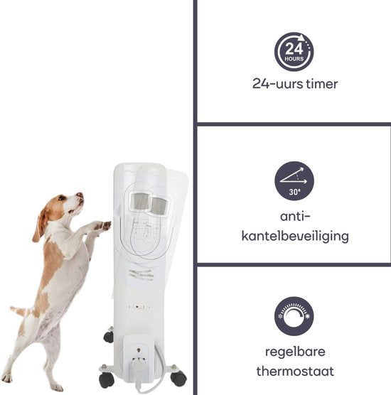 Perel 2500W olieradiator met 11 ribben, 3 warmtestanden, LCD-display, timer, instelbare thermostaat, handvat, wielen en kabelhouder, oververhittings- en kantelbeveiliging - mobiele, stille en energiezuinige bijverwarming voor grote kamers tot 30 m², wit