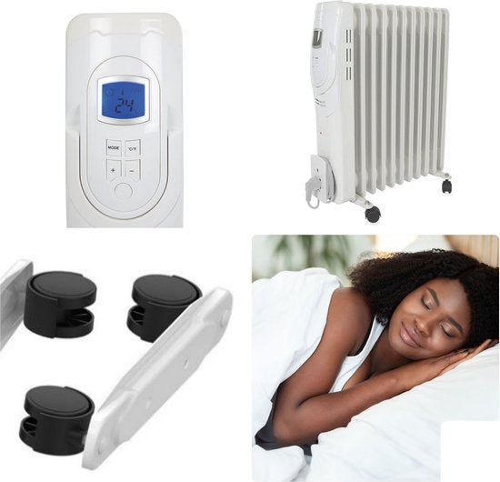 Perel 2500W olieradiator met 11 ribben, 3 warmtestanden, LCD-display, timer, instelbare thermostaat, handvat, wielen en kabelhouder, oververhittings- en kantelbeveiliging - mobiele, stille en energiezuinige bijverwarming voor grote kamers tot 30 m², wit