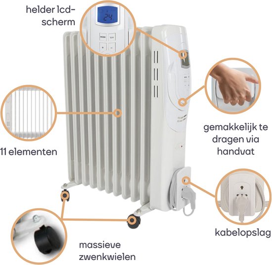 Perel 2500W olieradiator met 11 ribben, 3 warmtestanden, LCD-display, timer, instelbare thermostaat, handvat, wielen en kabelhouder, oververhittings- en kantelbeveiliging - mobiele, stille en energiezuinige bijverwarming voor grote kamers tot 30 m², wit