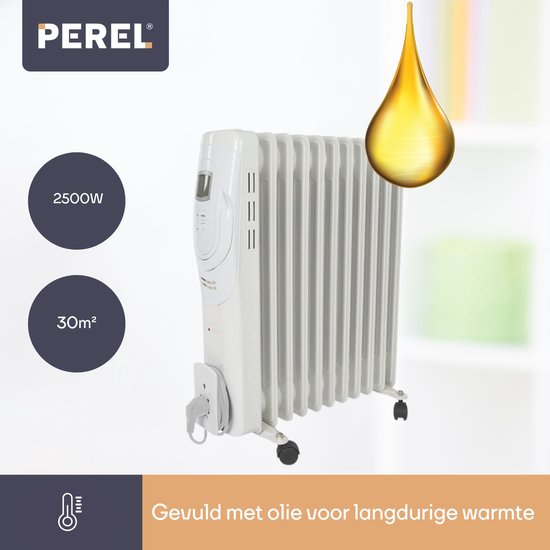 Perel 2500W olieradiator met 11 ribben, 3 warmtestanden, LCD-display, timer, instelbare thermostaat, handvat, wielen en kabelhouder, oververhittings- en kantelbeveiliging - mobiele, stille en energiezuinige bijverwarming voor grote kamers tot 30 m², wit