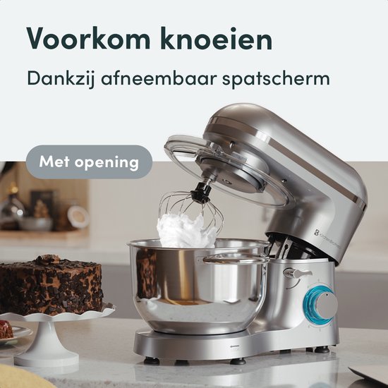 KitchenBrothers Keukenmachine - Keukenrobot - 6,2L - Mixer met Mengkom - Keukenmixer - 2000W - Zilver