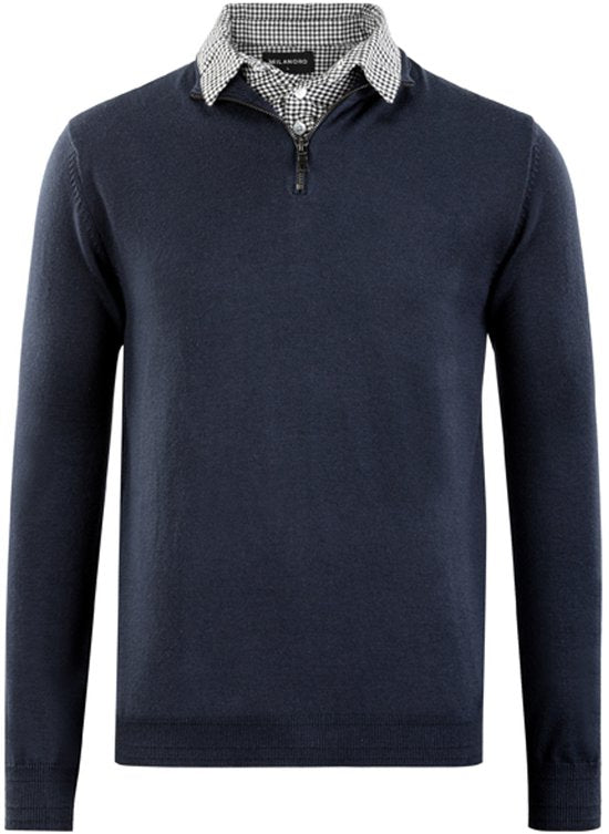 Milanoro - Herenpullover met overhemdkraag en halve rits - Navy - XXL