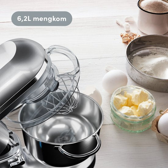 KitchenBrothers Keukenmachine - Keukenrobot - 6,2L - Mixer met Mengkom - Keukenmixer - 2000W - Zilver