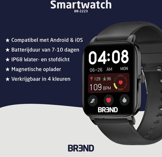 BREND BR-2223 Smartwatch Dames en Heren - Sporthorloge - Stappenteller, Hartslagmeter, Bloeddrukmeter, Stress- en Slaapmonitor - Spatwaterdicht IPX4 - Volledige Belfunctie - Muziekbediening - Android & iOS - Zwart