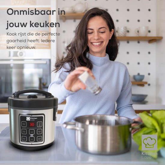 KitchenLove Rijstkoker met Stomer - 1.8L - Multicooker - Rice Cooker - Slowcooker - Zwart RVS