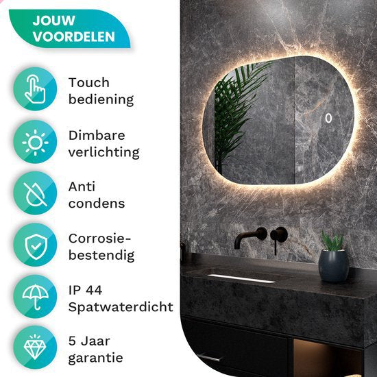 Mirlux Badkamerspiegel met LED Verlichting & Verwarming – Wandspiegel Ovaal – Anti Condens Douchespiegel - 90x60CM