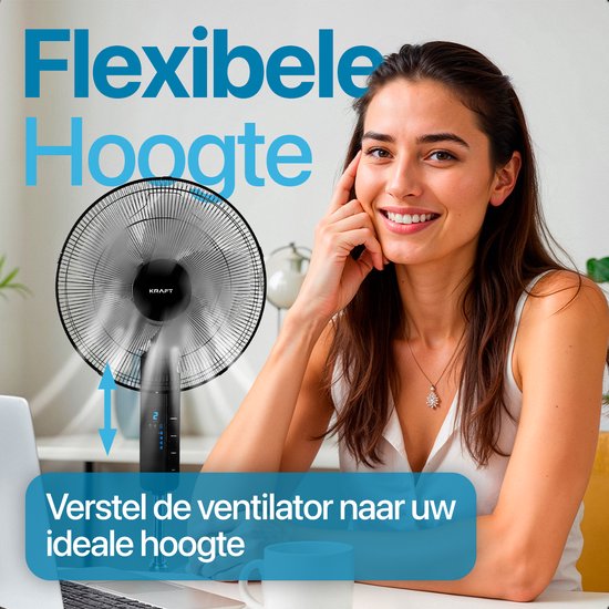 KRAFT Ventilator Staand - Statiefventilator - In Hoogte Verstelbaar - LED Scherm - Vloerventilator - Zwart