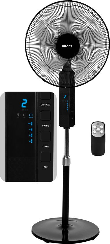 KRAFT Ventilator Staand - Statiefventilator - In Hoogte Verstelbaar - LED Scherm - Vloerventilator - Zwart