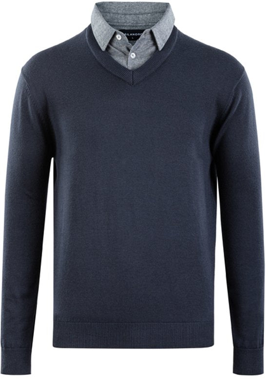 Milanoro - Herenpullover met overhemdkraag - Navy - XXL