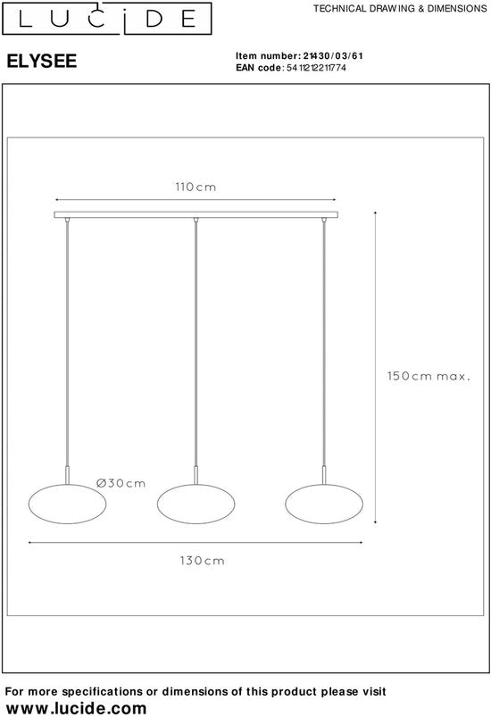 Lucide Elysee hanglamp 3x E27 opaal glas – messing accenten – 130 x 30 x 150 cm