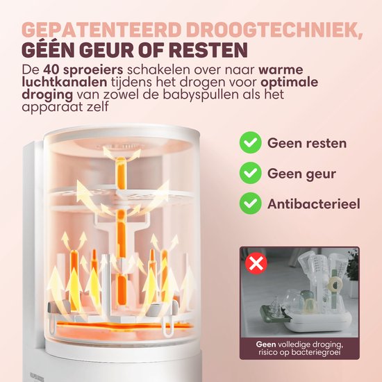 Vulpes Goods® Babycare - Babyfleswasser Pro - Sterilisator & Droger - 360° Turbo-jets - Glazen Design - BPA-vrij - Ook voor borstkolfonderdelen