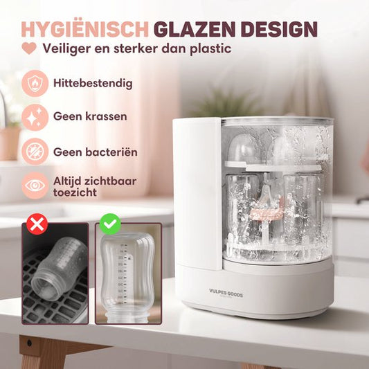 Vulpes Goods® Babycare - Babyfleswasser Pro - Sterilisator & Droger - 360° Turbo-jets - Glazen Design - BPA-vrij - Ook voor borstkolfonderdelen