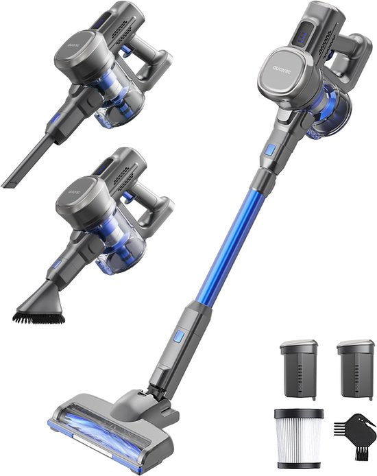 Auronic Steelstofzuiger Snoerloos – Voorzien Van Extra Accu En Wasbaar HEPA-Filter En Telescopische Buis – Voor Harde Vloeren En Tapijt – Grijs Blauw Kunststof – 220W