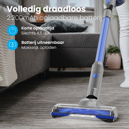 Auronic Steelstofzuiger Snoerloos – Voorzien Van Extra Accu En Wasbaar HEPA-Filter En Telescopische Buis – Voor Harde Vloeren En Tapijt – Grijs Blauw Kunststof – 220W