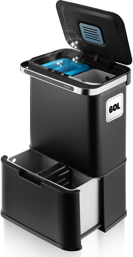 Hom&Com Prullenbak Met Sensor – Voorzien Van Automatische Sensorbediening En Ozonfunctie En Soft-close Deksel – Voor Keuken En Kantoor – Zwart Roestvrij Staal Rvs – Zestig Liter