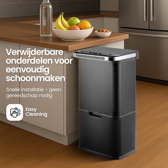 Hom&Com Prullenbak Met Sensor – Voorzien Van Automatische Sensorbediening En Ozonfunctie En Soft-close Deksel – Voor Keuken En Kantoor – Zwart Roestvrij Staal Rvs – Zestig Liter