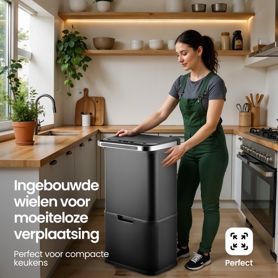 Hom&Com Prullenbak Met Sensor – Voorzien Van Automatische Sensorbediening En Ozonfunctie En Soft-close Deksel – Voor Keuken En Kantoor – Zwart Roestvrij Staal Rvs – Zestig Liter