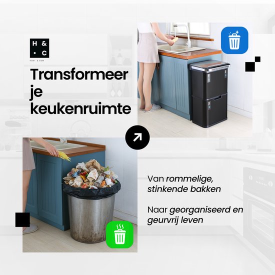 Hom&Com Prullenbak Met Sensor – Voorzien Van Automatische Sensorbediening En Ozonfunctie En Soft-close Deksel – Voor Keuken En Kantoor – Zwart Roestvrij Staal Rvs – Zestig Liter