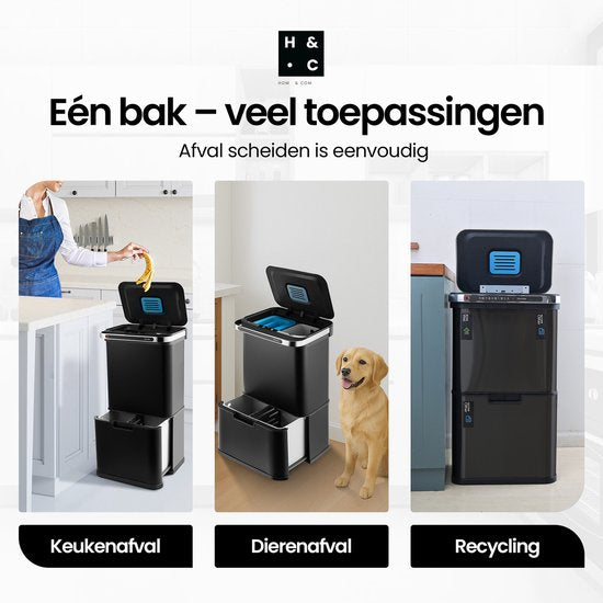 Hom&Com Prullenbak Met Sensor – Voorzien Van Automatische Sensorbediening En Ozonfunctie En Soft-close Deksel – Voor Keuken En Kantoor – Zwart Roestvrij Staal Rvs – Zestig Liter