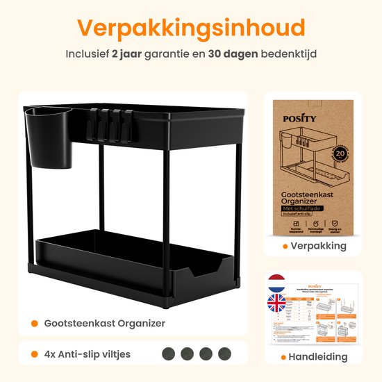 Posity Gootsteenkast Organizer - Keukenkastje Organizer - Schuiflade - Kast Organizer - Badkamer Organizer - Aanrecht Organiser - 1 Uitschuifbare Lade - Zwart