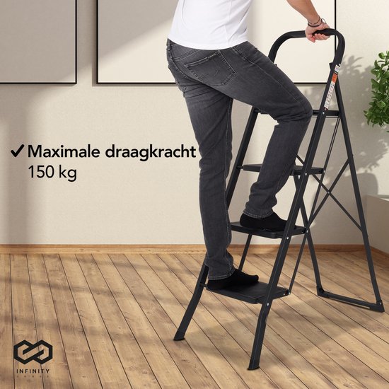 Infinity Goods Stevige Huishoudtrap 4 Treden - Keukentrap Inklapbaar - Anti-Slip - Trap Ladder - Opvouwbaar - Metaal - Zwart