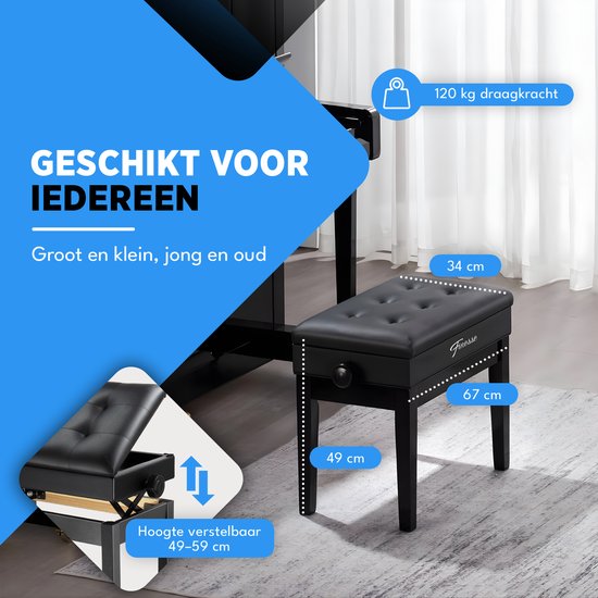 Finesse Premium Pianobank - Hoogte Verstelbaar - met Opbergruimte - Zacht Kussen - Pianokruk - Pianostoel - Zwart
