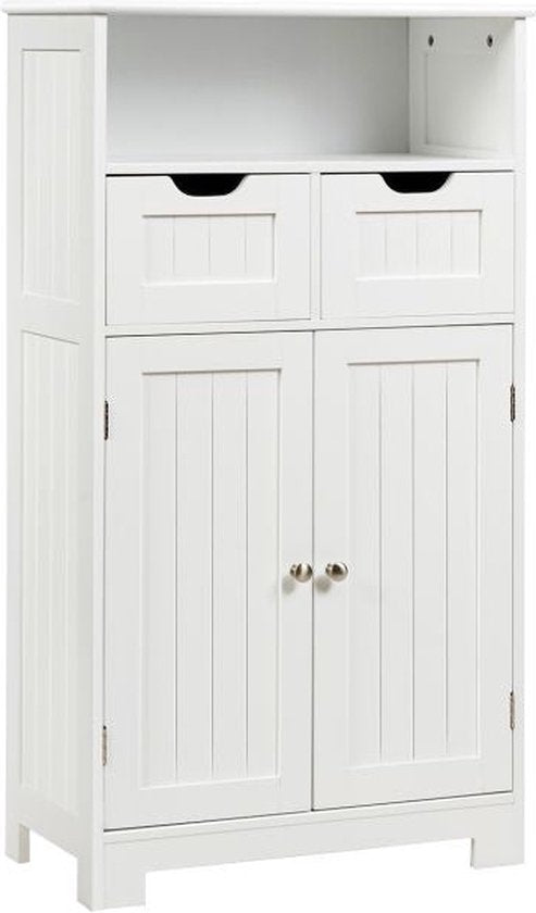 Coast Badkamer Vloerkast Wit – Opbergkast met Open Plank, 2 Deuren en 2 Verstelbare Laden – 60 x 30 x 109 cm