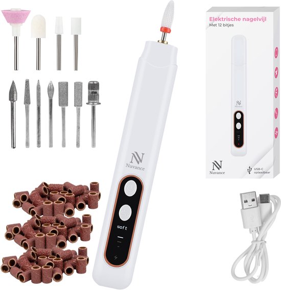 Nuvance Elektrische Nagelvijl - 15000 RPM - Nagelfrees - 12 Bitjes - 40 Schuurrolletjes - Manicure & Pedicure Set