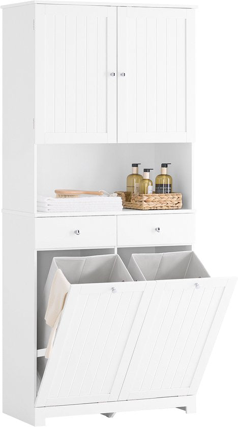 SoBuy Badkamerzuil met 2 wasmanden en 2 laden, badkamerkast, hoog, 78 x 38 x 181 cm, gesloten kast met open plank, opbergkast, ruimtebesparend, voor toilet BZR215-W