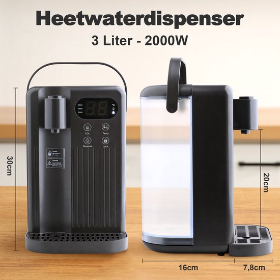 Heetwaterdispenser - 3L - Kunststof - BPA vrij - 2000W - 26.50x23.50x35 cm - Zwart