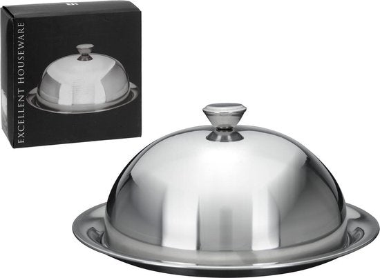 Excellent Houseware serveerschaal stolp met dienblad - zilver - rvs - D25 x H12 cm - voedsel serveren - met deksel