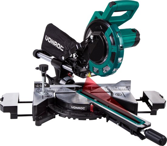 VONROC afkortzaag en verstekzaag – 2000W – Ø216MM - Laser voor perfecte zaaglijn – Extra zaagbreedte 340mm – Incl. zaagblad & werkstukklem