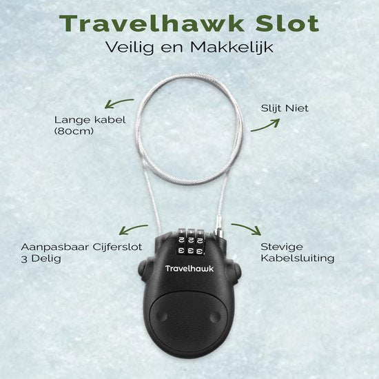 Travelhawk Kabelslot - Cijferslot - Snowboard slot - Skislot - Kabelslot Fiets - Fietsslot - fietssloten - Staal - Zwart