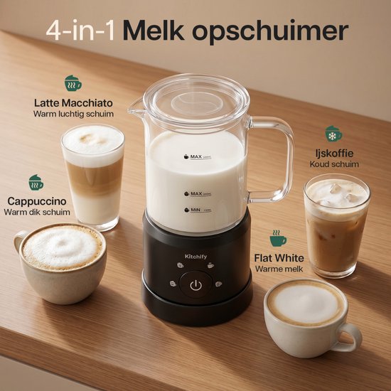 Kitchify Glazen Melkopschuimer - Elektrische melkopschuimer - Met schenktuit - 4 in 1 - Milk Frother - Zwart