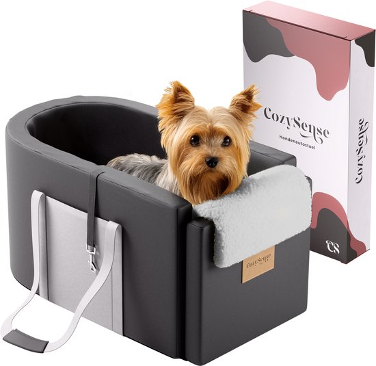 CozySense® Honden Autostoel - Hondenmand Auto met Wasbare Hoes - Voor Kleine Hond - Past in Middenconsole - Ook als Draagtas - Zwart/Grijs