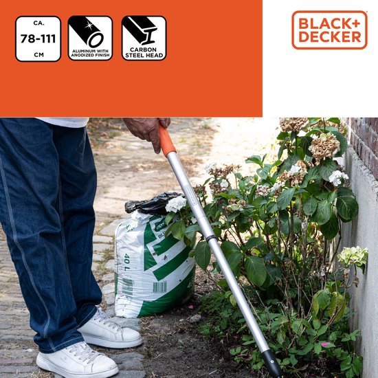 BLACK+DECKER Hark - Telescopische Tuinhark - Uitschuifbare Steel van 78 tot 111 CM - Bladhark - Tuingereedschap Aluminium Steel en Koolstofstalen Kop - Roestvrij - Zilver/Zwart