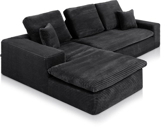 Popsofa Lazy Hoekbank - Velvet Ribstof - 98 x 253 x 80 cm - Zwart