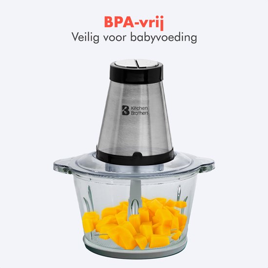 KitchenBrothers Hakmolen - Food Chopper - Elektrisch - 2 Snelheden - 300W - 1,8L - Glazen Kom
