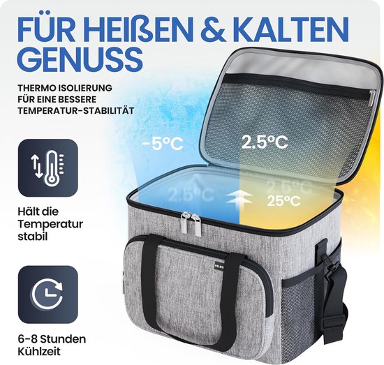 Koeltas voor eten en drinken - geïsoleerde thermische tas lekvrij en waterdicht - ontbijttas, picknicklunchzak, thermische tas, lichtgrijs