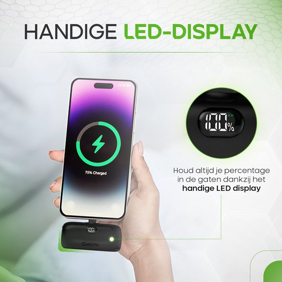 iSetchi Mini Powerbank 5000 mah - Compact formaat - Externe Batterij - Geïntegreerde Kabel - Noodpakket - Lightning Kabel - LED-Display - Geschikt voor iPhone - Zwart