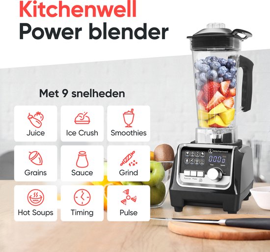 Kitchenwell Power Blender – 2000W – 2L – Smoothie Maker & IJscrusher – 9 Standen – RVS/Zwart