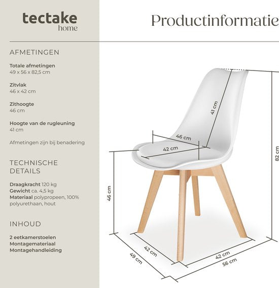 tectake® Eetkamerstoel Frederikke - Set van 2 Eetkamerstoelen met Gevoerde Stoffen Zitting - Massief Houten Poten - Ergonomische Stoelen geschikt voor Woonkamer, Eetkamer, Slaapkamer en Keuken - Draagkracht 120kg - Wit